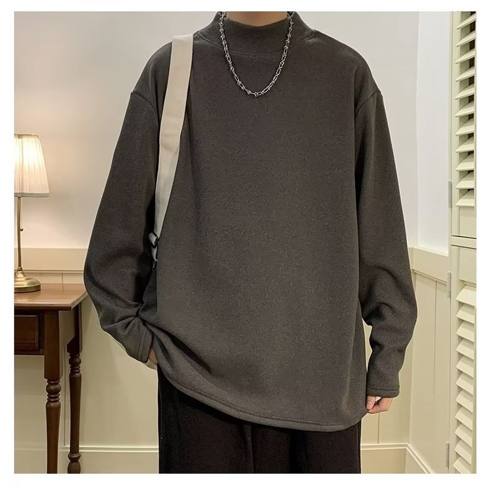 Men's Long-sleeved Fleece Shirt Solid Color Thickened Semi-high Collar