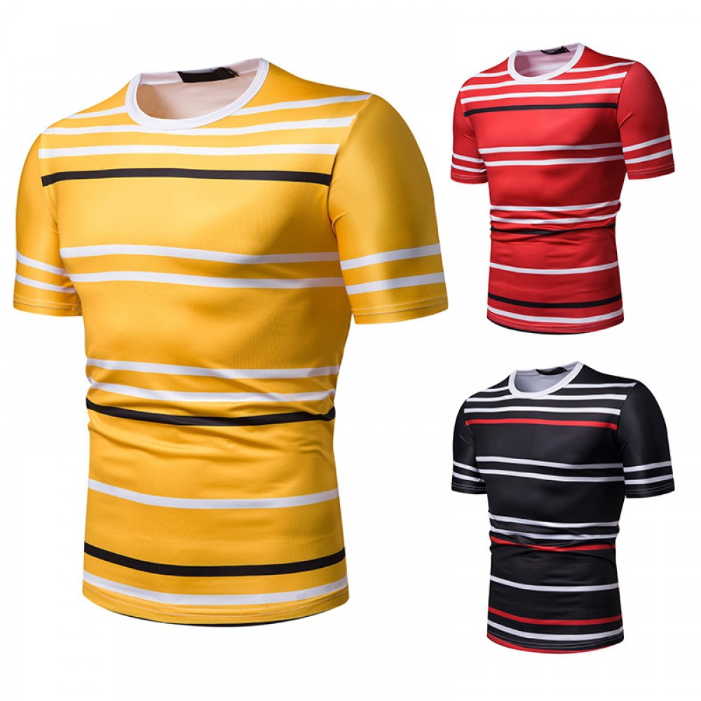 Summer Men's Short-Sleeved T-Shirt Contrast Striped Slim Casual T-Shirt