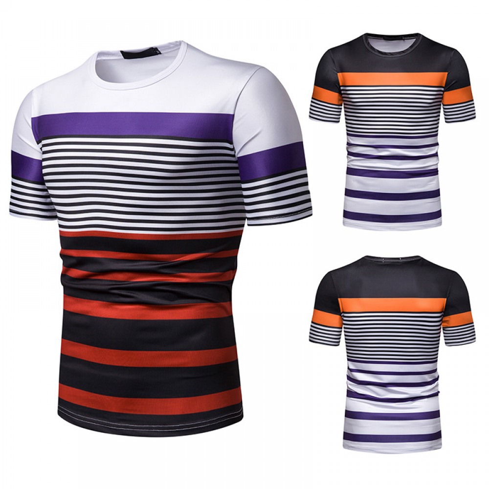 New Summer Men's Short-Sleeved T-Shirt Contrast Striped Slim Casual T-Shirt