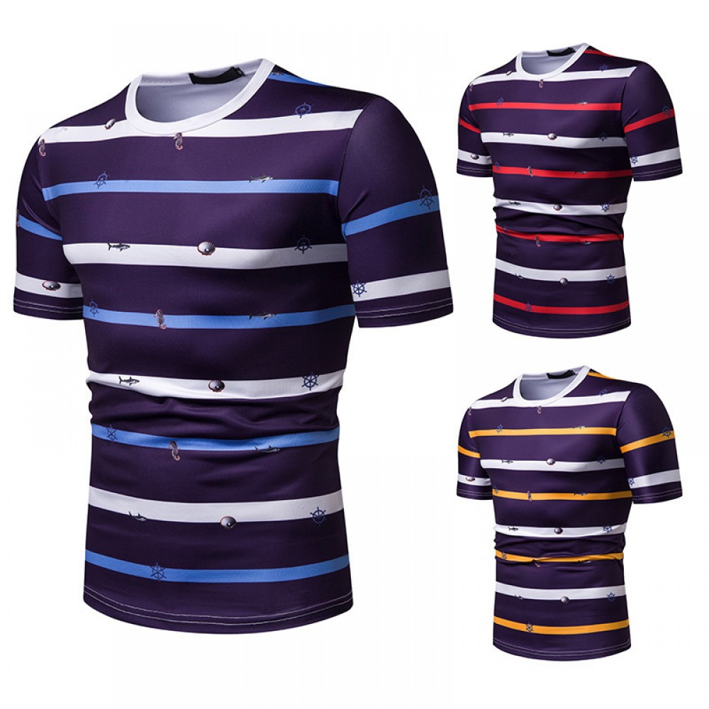 New Summer Men's Short-Sleeved T-Shirt Contrast Striped Slim Casual T-Shirt