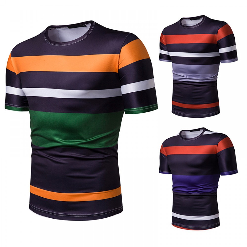 New Summer Men's Short-Sleeved T-Shirt Contrast Striped Slim Casual T-Shirt