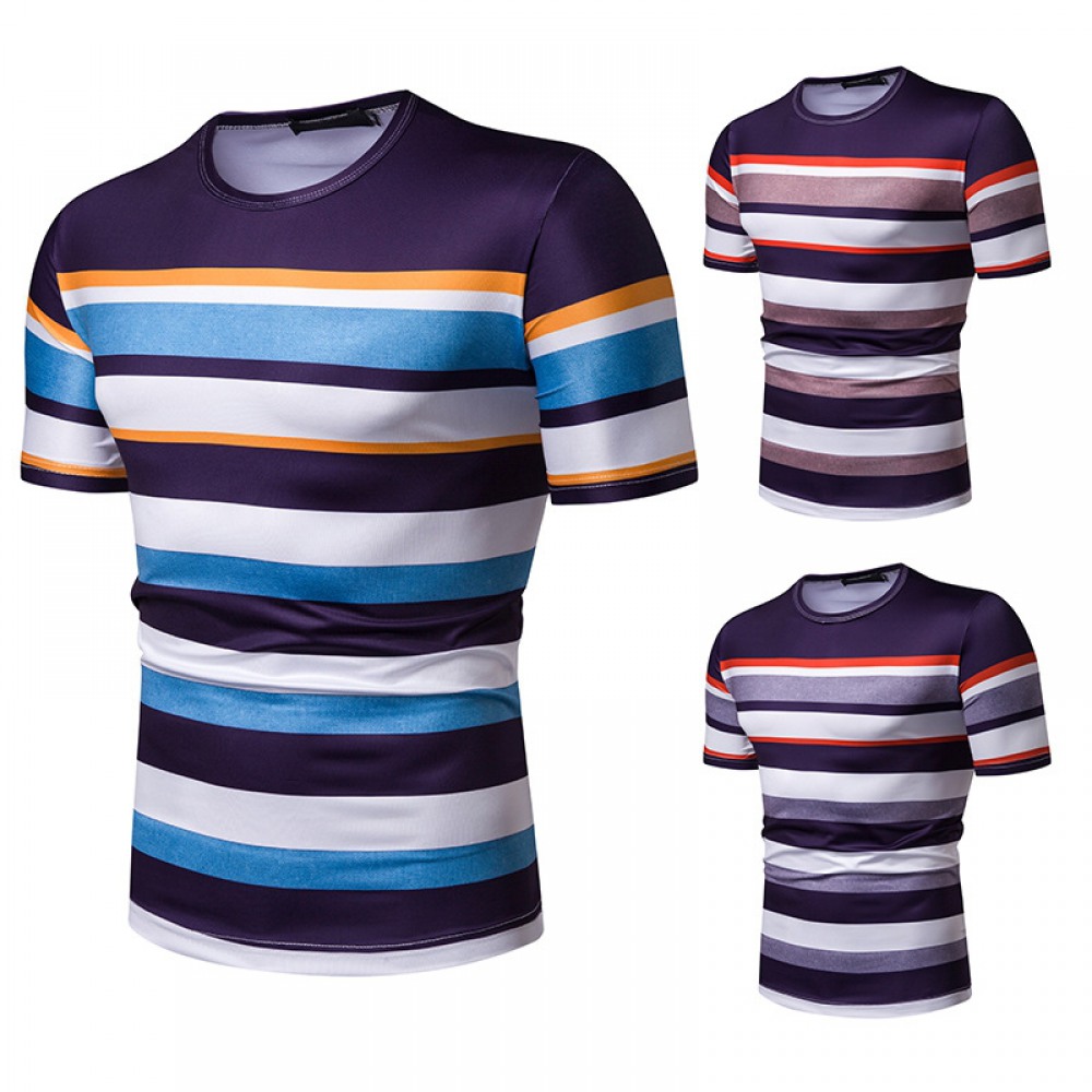 New Summer Men's Short-Sleeved T-Shirt Contrast Striped Slim Casual T-Shirt